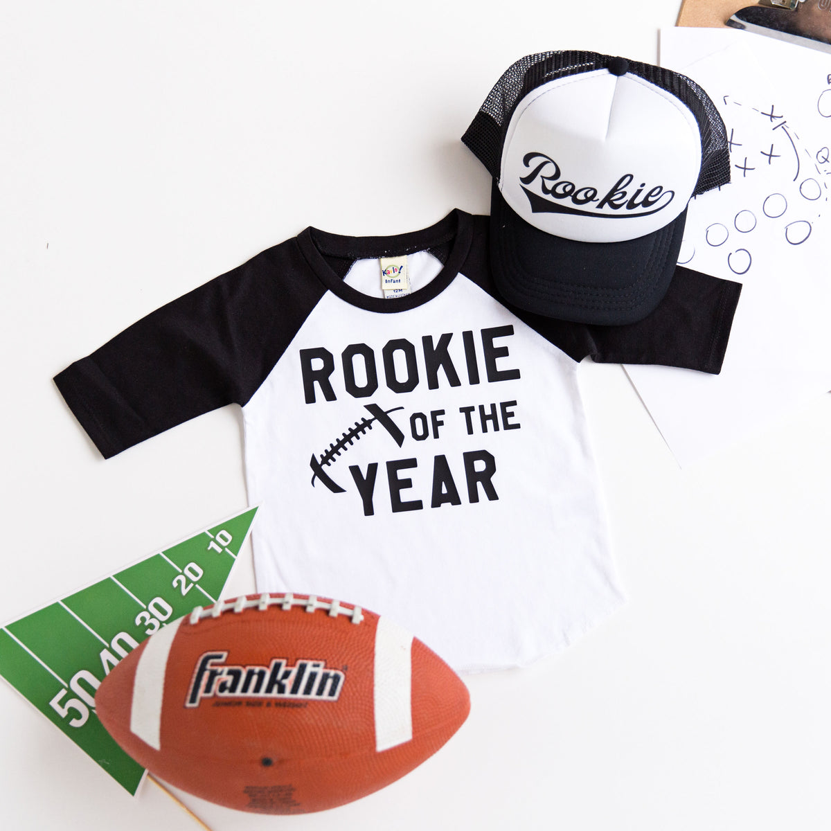 Rookie of the Year Football First Birthday Raglan with Hat – 2TroubleBoys