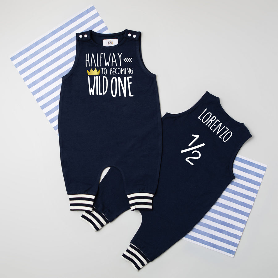 "Halfway To Becoming Wild One" 1/2 Birthday Romper with Striped Cuff
