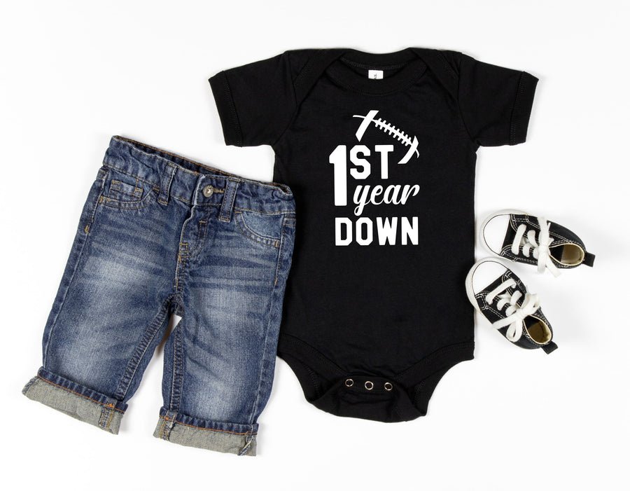 1st Year Down Football Personalized 1st Birthday T-shirt or Bodysuit