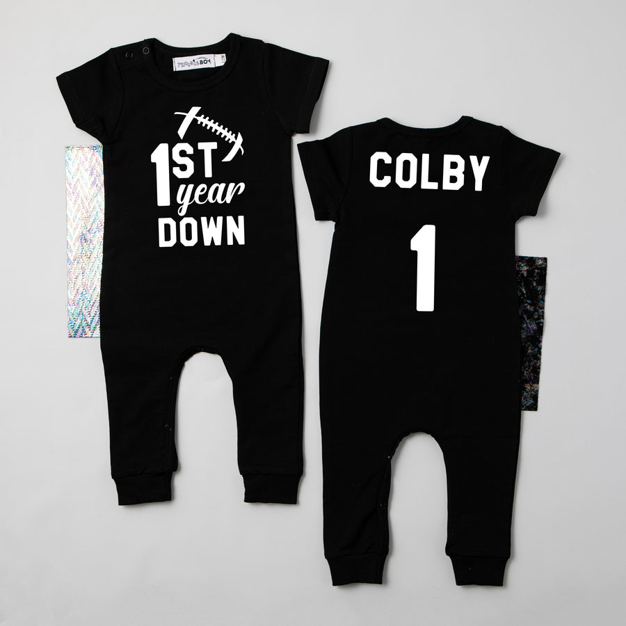 1st Year Down Football Slim Fit Birthday Romper