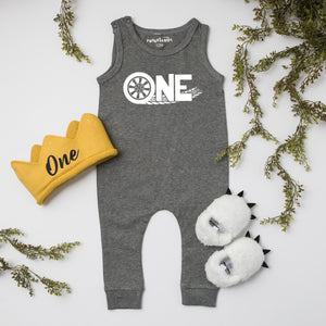 "ONE Tire Tracks" Racecar Theme Slim Fit Sleeveless Romper