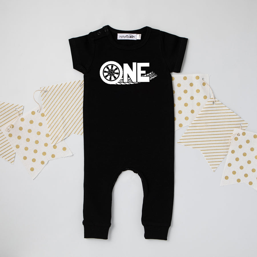 "ONE Tire Tracks" Racecar-themed Slim Fit 1st Birthday Romper