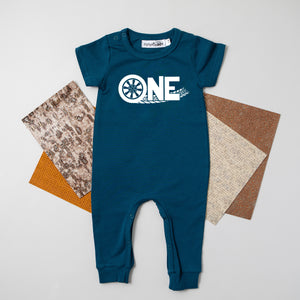 "ONE Tire Tracks" Racecar-themed Slim Fit 1st Birthday Romper