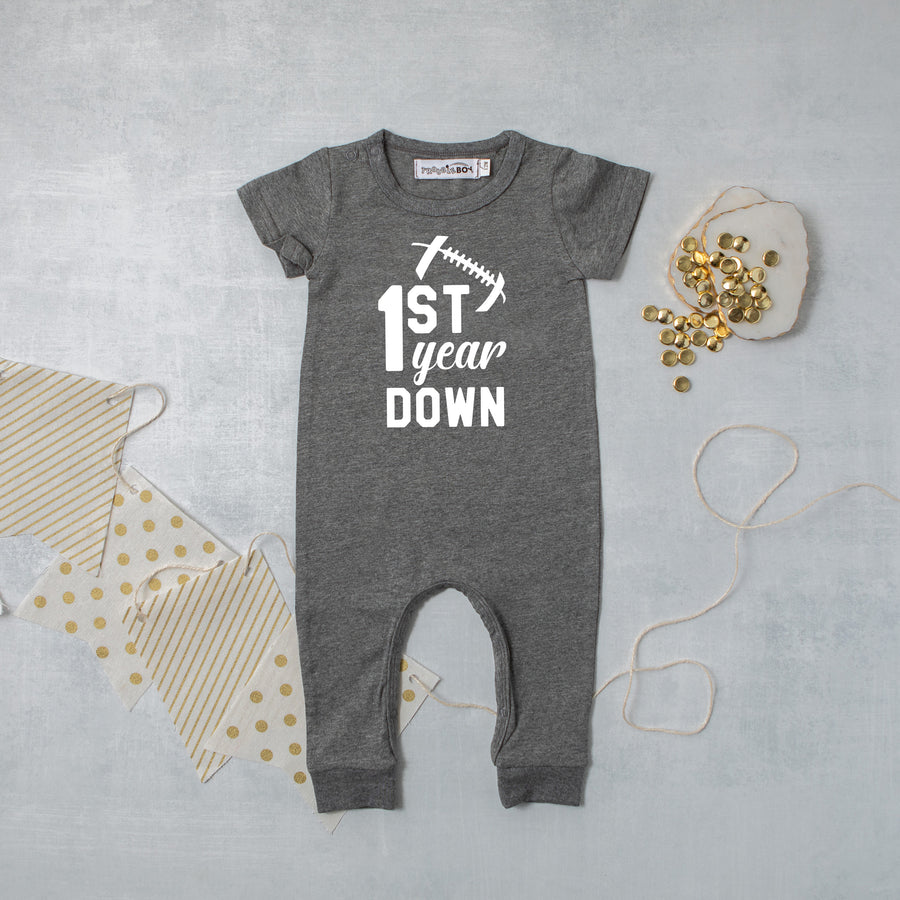 1st Year Down Football Slim Fit Birthday Romper