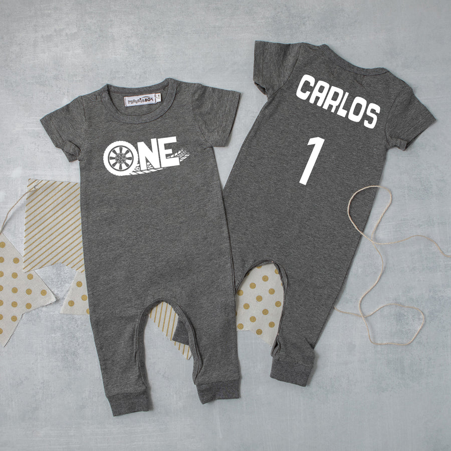 "ONE Tire Tracks" Racecar-themed Slim Fit 1st Birthday Romper