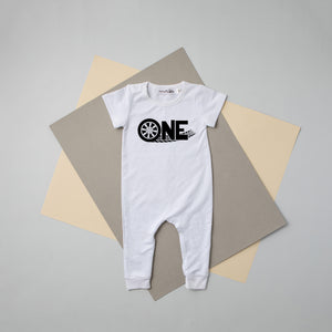 "ONE Tire Tracks" Racecar-themed Slim Fit 1st Birthday Romper