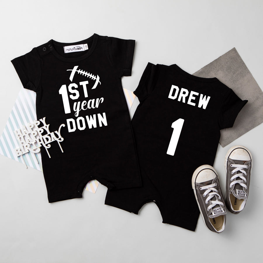 1st Year Down Football Personalized Shorts Slim Fit 1st Birthday Romper