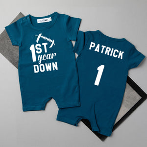 1st Year Down Football Personalized Shorts Slim Fit 1st Birthday Romper