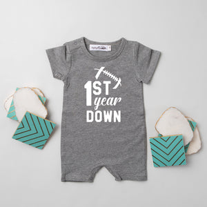 1st Year Down Football Personalized Shorts Slim Fit 1st Birthday Romper