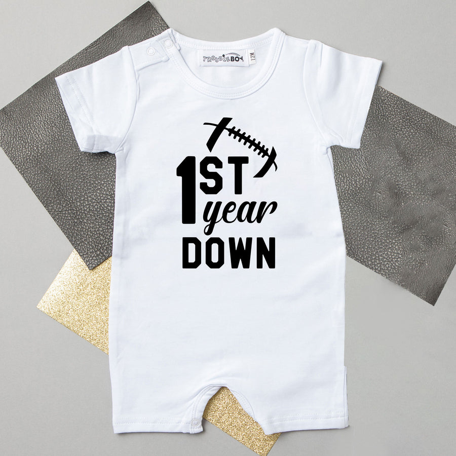 1st Year Down Football Personalized Shorts Slim Fit 1st Birthday Romper