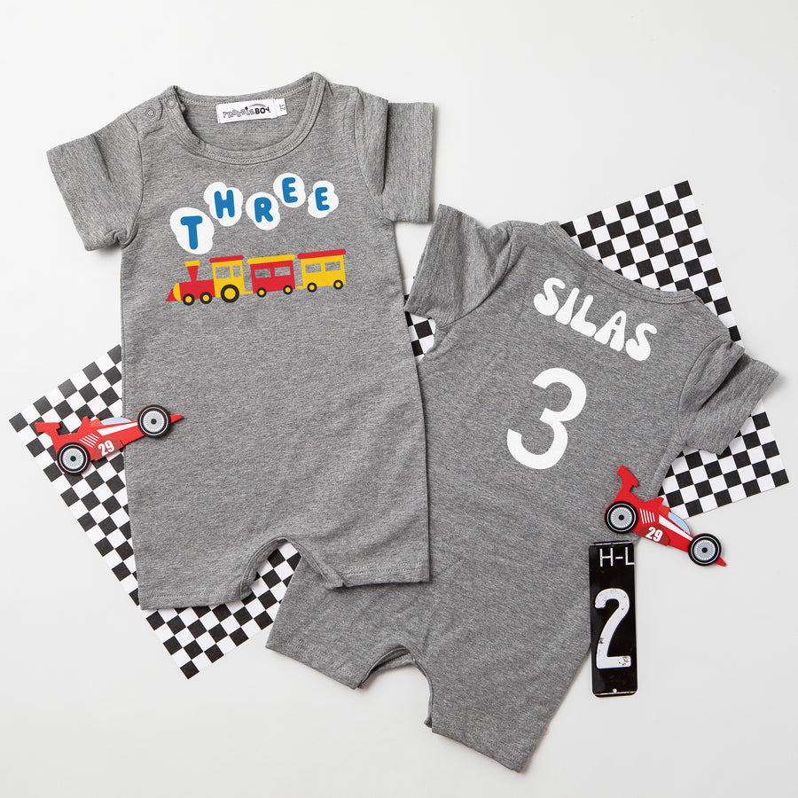 Three Train Personalized Shorts Slim Fit Romper for 3rd Birthday