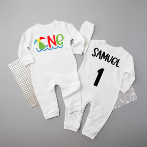 One Beach Ball Long Sleeved Personalized First Birthday Romper