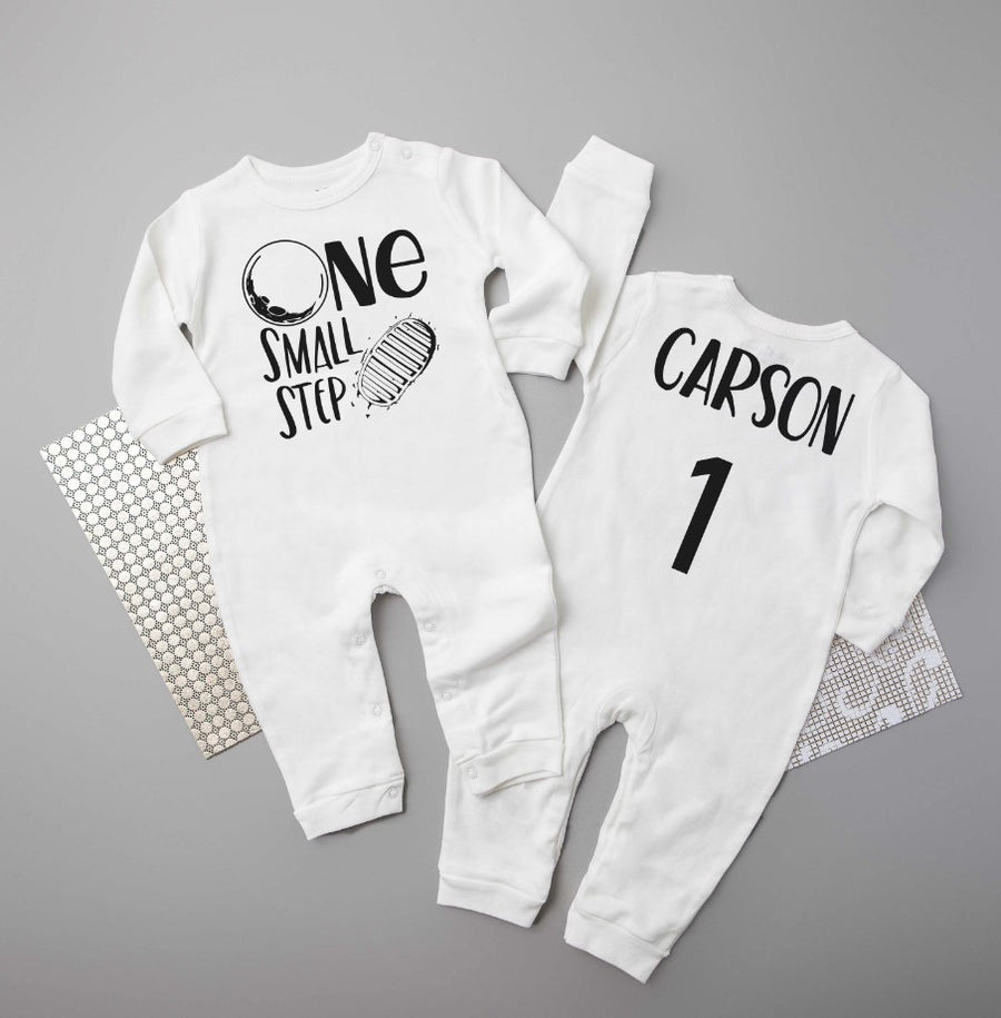 One Small Step Space Themed Long Sleeved Personalized Romper