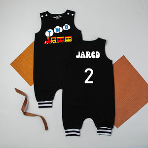 Two Train Personalized 2nd Birthday Romper with Striped Cuff