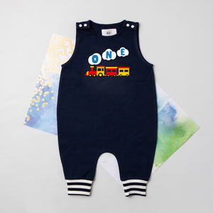 One Train Personalized 1st Birthday Romper with Striped Cuff