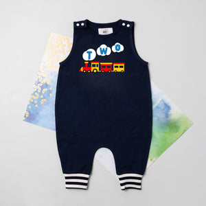 Two Train Personalized 2nd Birthday Romper with Striped Cuff