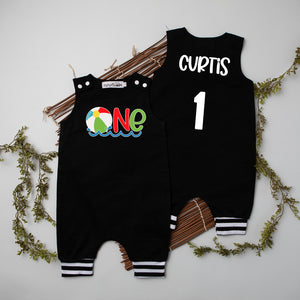 One Beach Ball 1st Birthday Romper with Striped Cuff