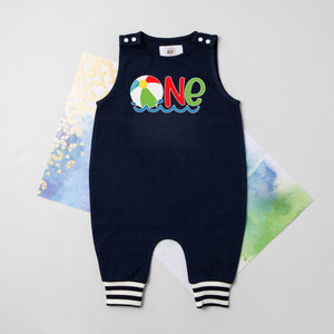 One Beach Ball 1st Birthday Romper with Striped Cuff