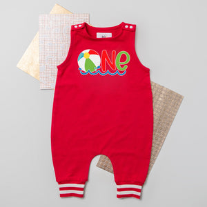 One Beach Ball 1st Birthday Romper with Striped Cuff