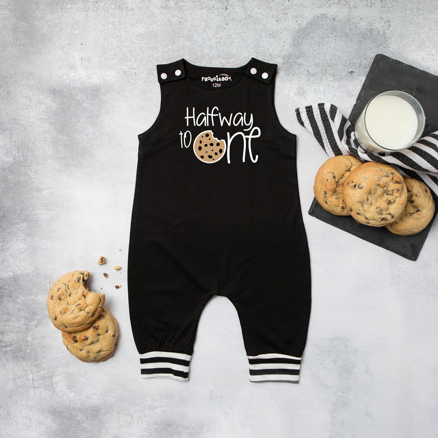 Halfway to One Cookie Birthday Romper with Striped Cuff