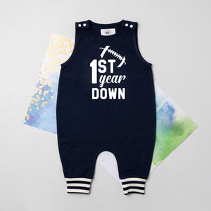 First Year Down Football Romper with Striped Cuff