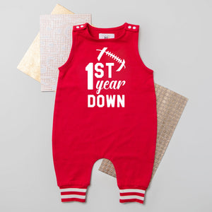 First Year Down Football Romper with Striped Cuff