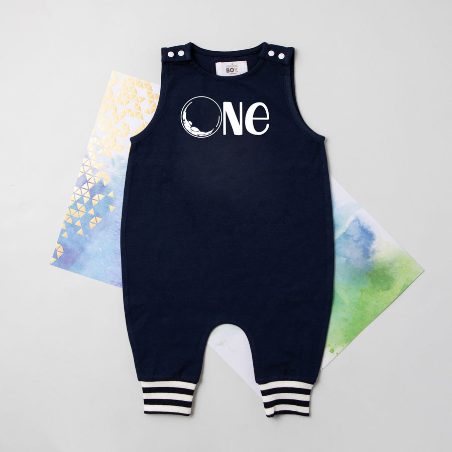 Personalized One Moon Romper with Striped Cuff