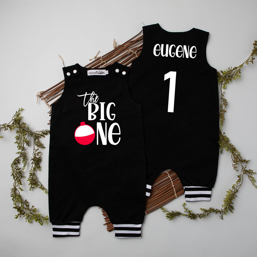 "The Big One" Bobber Personalized Romper with Striped Cuff