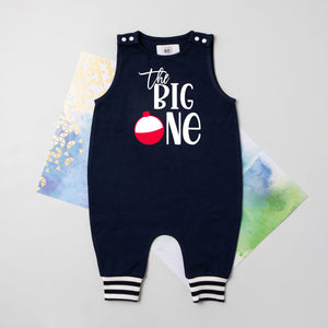 "The Big One" Bobber Personalized Romper with Striped Cuff