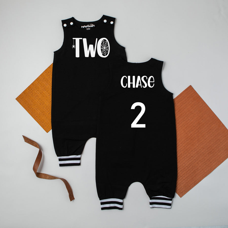 Two Spiderweb Personalized 2nd Birthday Romper with Striped Cuff