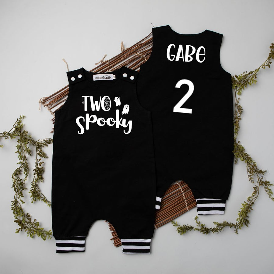 Two Spooky Halloween Themed Personalized 2nd Birthday Romper with Striped Cuff