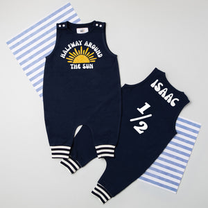 "Halfway Around the Sun" 1/2 Birthday Romper with Striped Cuff