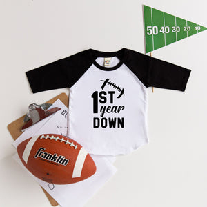 1st Year Down Football Personalized First Birthday Raglan