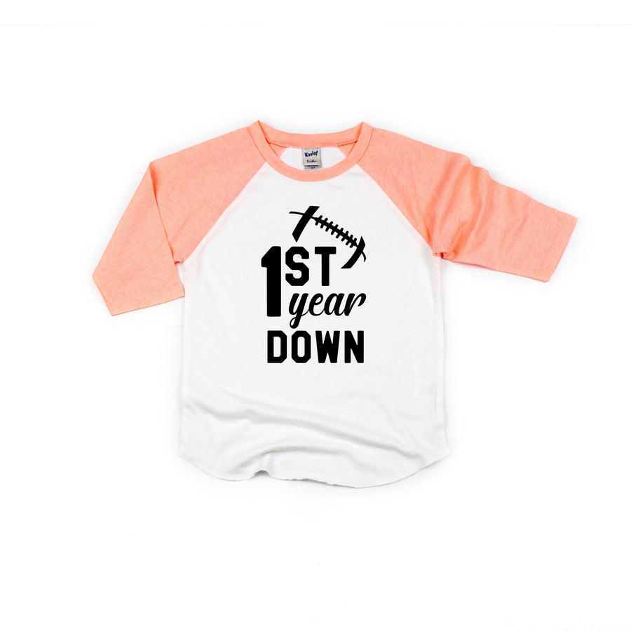 1st Year Down Football Personalized First Birthday Raglan