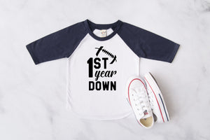 1st Year Down Football Personalized First Birthday Raglan