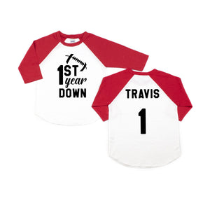 1st Year Down Football Personalized First Birthday Raglan