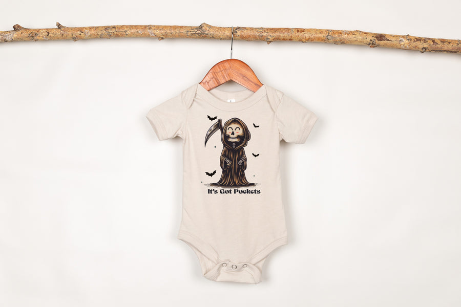 "It's Got Pockets" Grim Reaper Kids Halloween T-shirt or Bodysuit