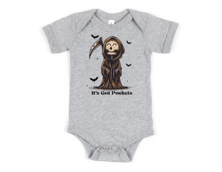 "It's Got Pockets" Grim Reaper Kids Halloween T-shirt or Bodysuit