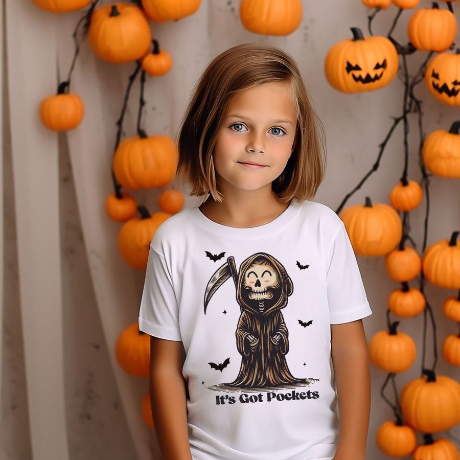 "It's Got Pockets" Grim Reaper Kids Halloween T-shirt or Bodysuit