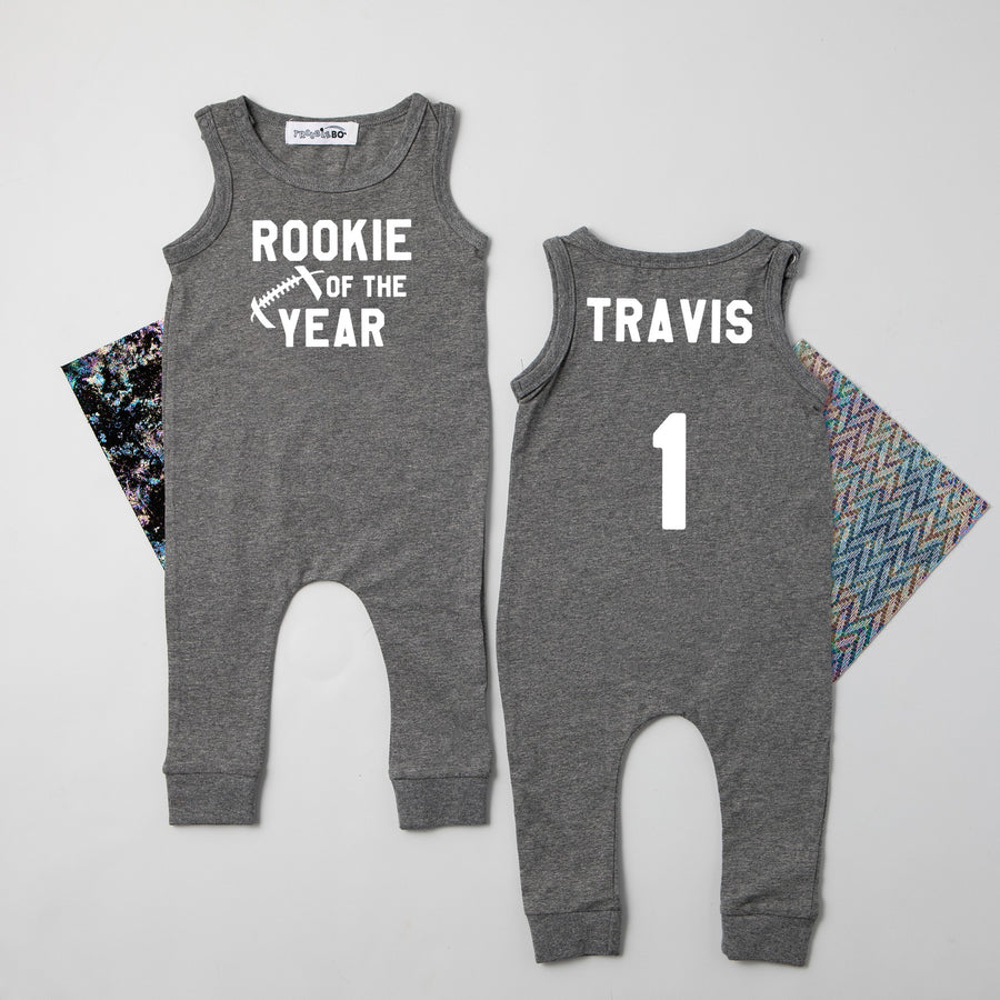 "Rookie of the Year" Football Slim Fit First Birthday Sleeveless Romper
