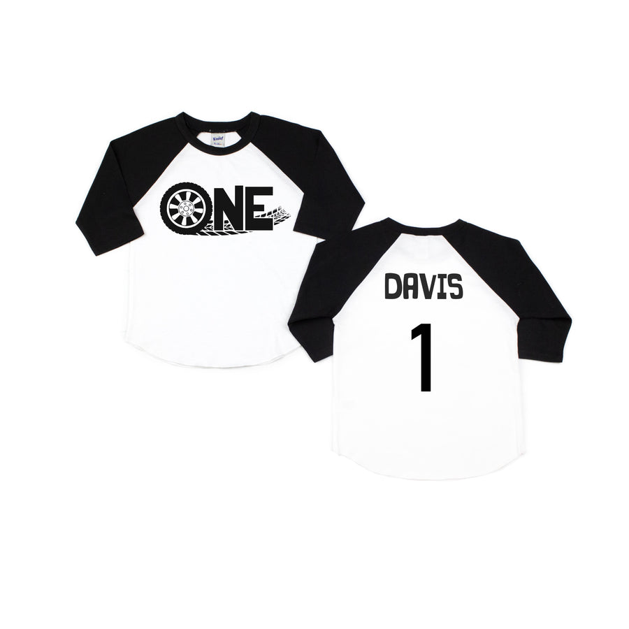 "ONE Tire Tracks" Racecar Themed Personalized 1st Birthday Raglan