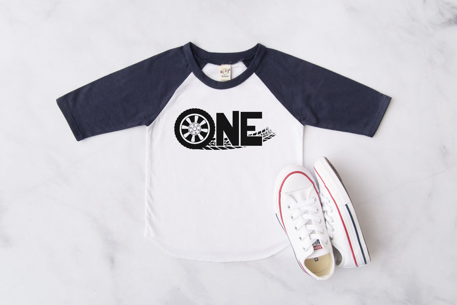 "ONE Tire Tracks" Racecar Themed Personalized 1st Birthday Raglan