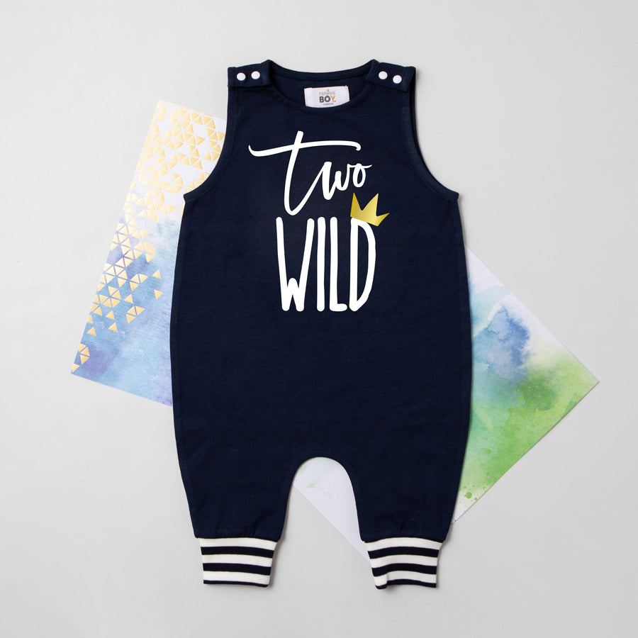 "Two Wild" Crown Striped Cuff Romper