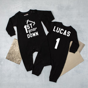 1st Year Down Football Long Sleeved Personalized Romper