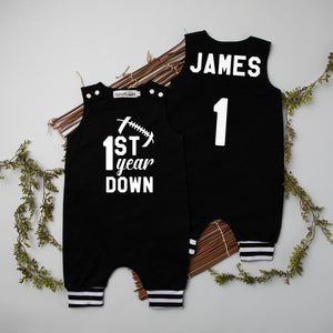 First Year Down Football Romper with Striped Cuff