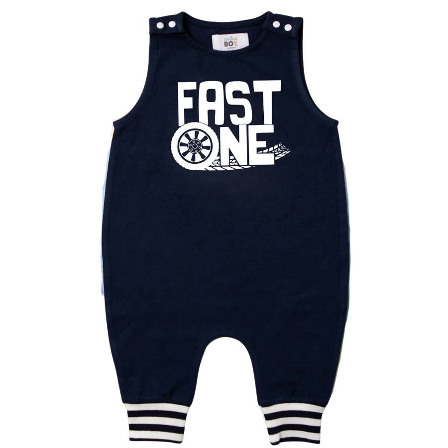 "FAST ONE" Racecar-Themed First Birthday Romper with Striped Cuff