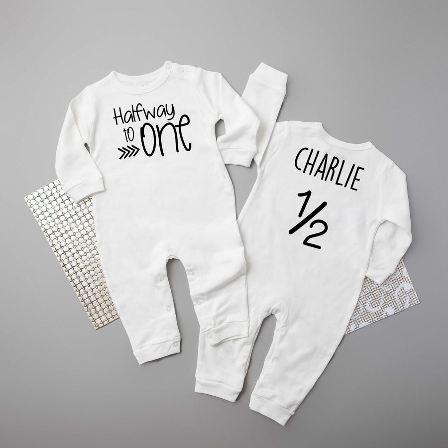 Halfway to One Birthday Long Sleeved Personalized Romper