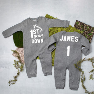 1st Year Down Football Long Sleeved Personalized Romper