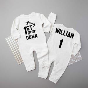 1st Year Down Football Long Sleeved Personalized Romper