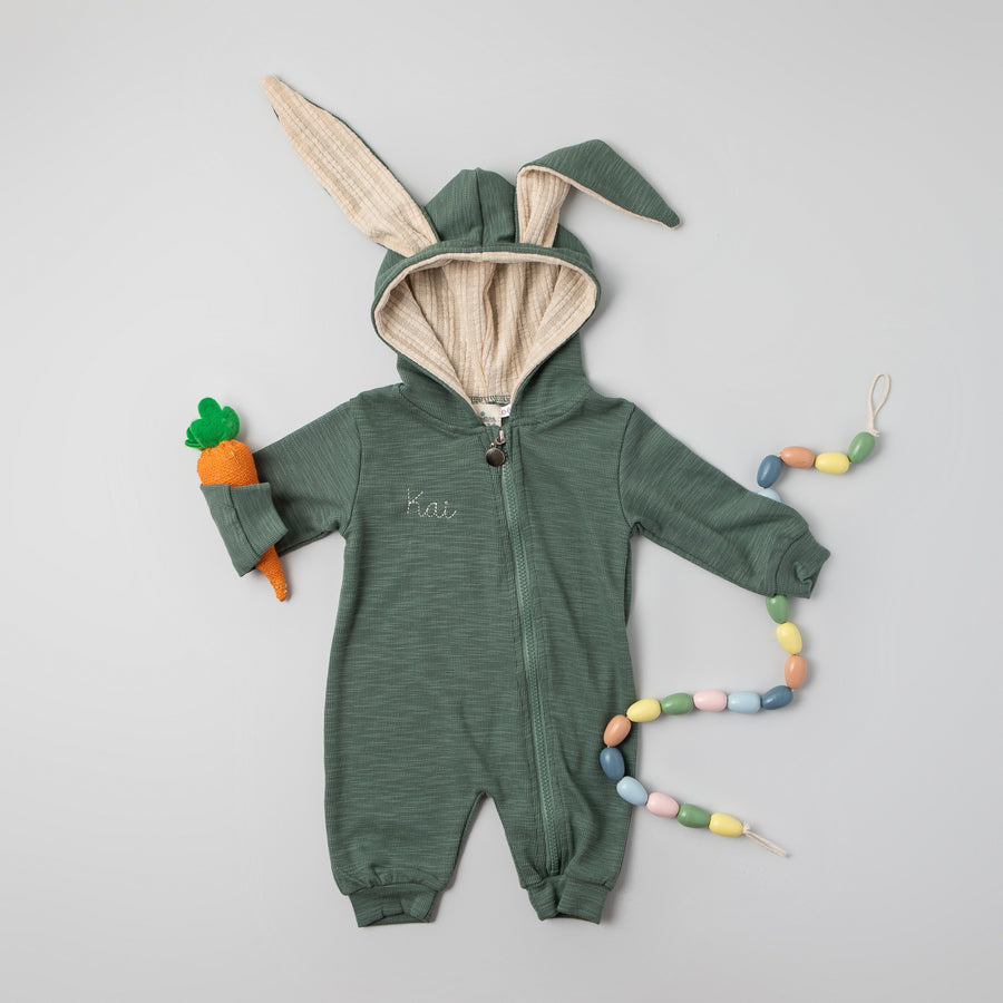 Green Personalized Embroidered Easter Romper with Bunny Ears